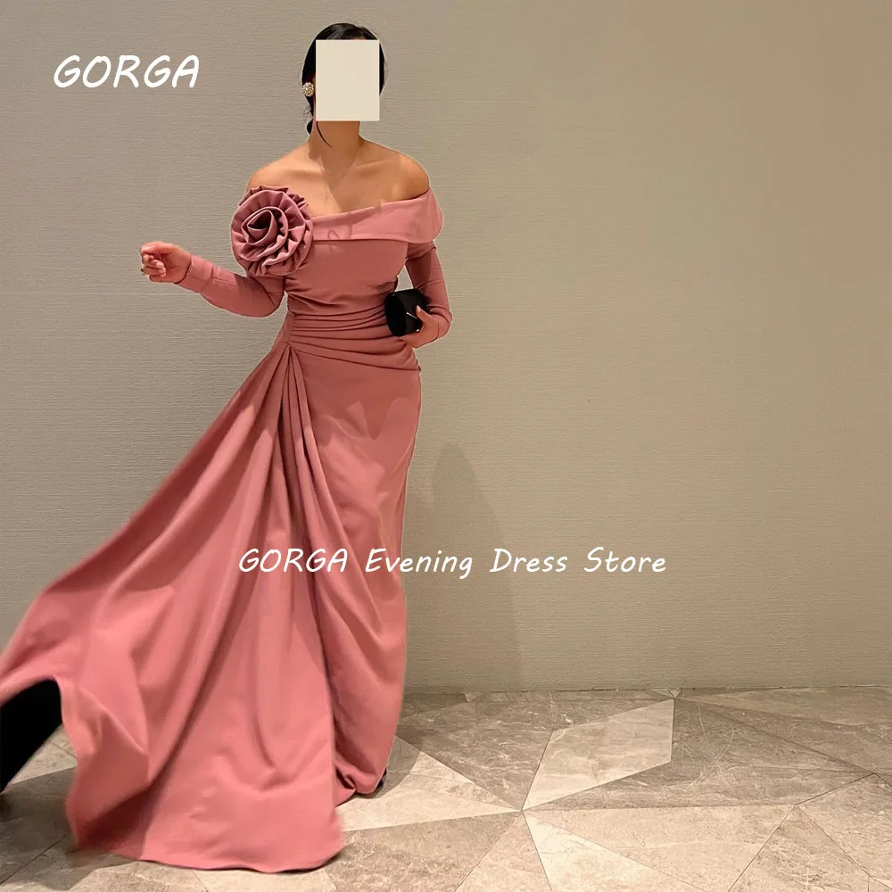 GORGA Brick red 3D Flowers Off The Shoulder Mermaid 2024 Slim Crepe Long Ocassion Gown Floor-Length Formal Evening Dress