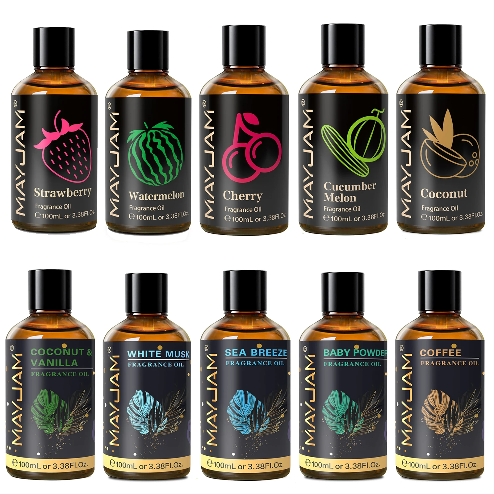 MAYJAM 100ml Fragrance Oil Coconut & Vanilla White Musk Sea Breeze Baby Powder Dragons Blood Sweet Tobacco Freesia for Aromatherapy Diffuser Humidifier Burner, Strawberry Watermelon Cherry Coconut Cranberry Fruit Essential Oil Making Candle Aromatic Spray