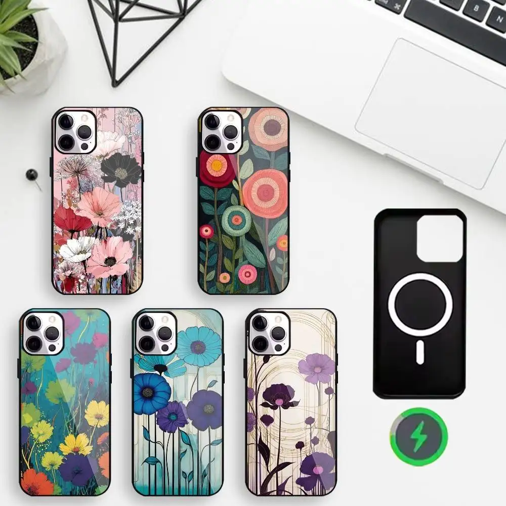

Vibrant Floral Art Phone Case For iPhone17,16,15,14,13,12,11 Max Black Wireless Charging Protecitve Cover