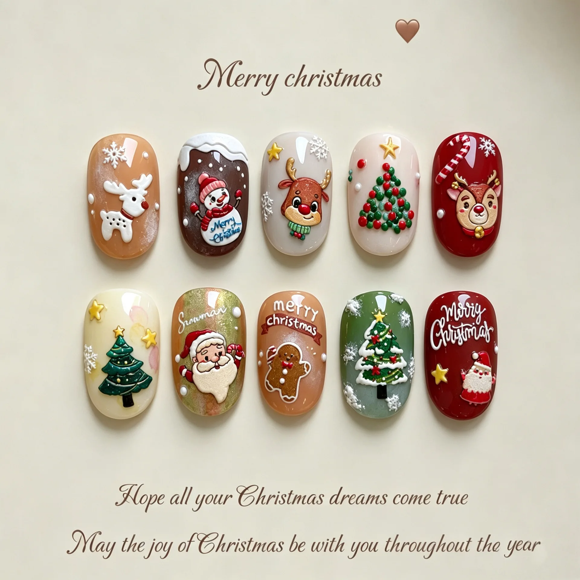 30pcs 3D Embossed Christmas Reindeer Press on Nails Santa Snowman Christmas Tree Gingerbread Man Fake Nail Winter Holiday