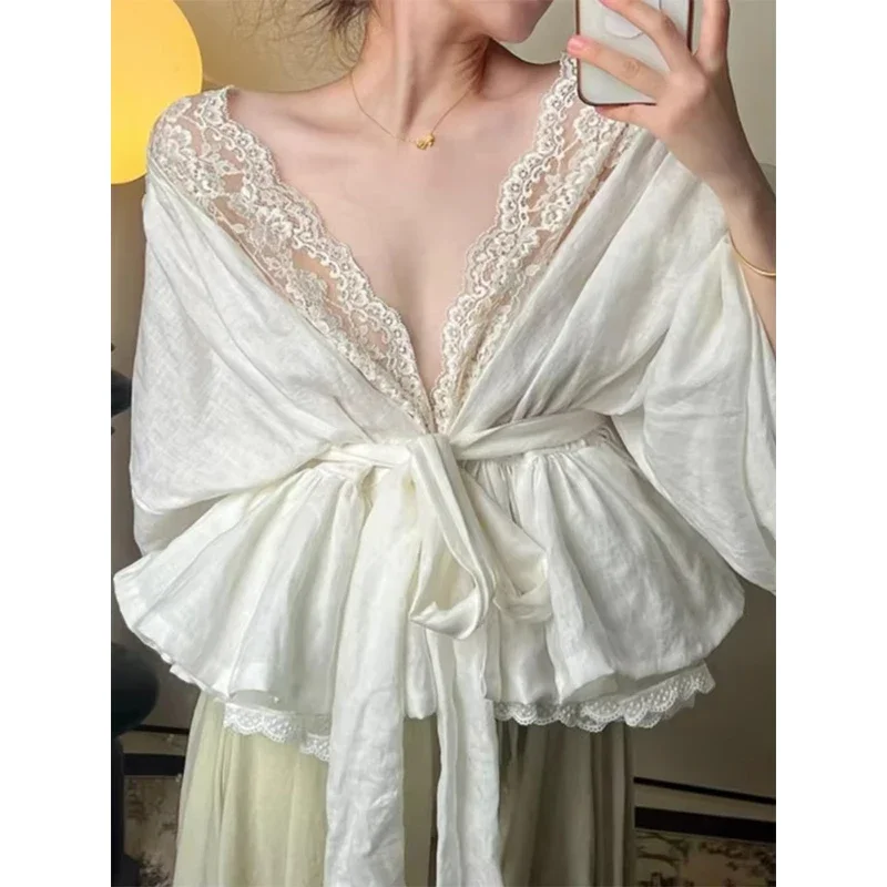 

Французский кружевной ремень с v-образным вырезом и длинными рукавами, топ, элегантные кружевные рубашки, женские винтажные сексуальные бандажные блузки с v-образным вырезом, летняя фея