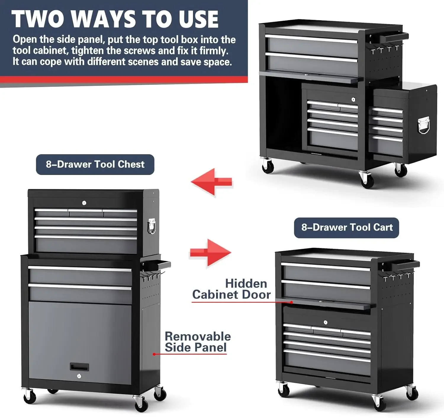 [سعر مخفض، حار بيع! ]صندوق الأدوات 8-درج |   صندوق أداة دوارة كبير مقاس 42 بوصة مع عجلات |   صندوق أدوات معدني علوي قابل للفصل |   ز