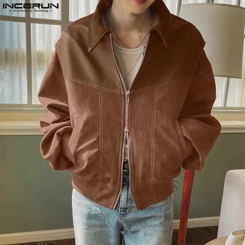 

INCERUN Tops 2025 Korean Style Men's PU Leather Suede Spliced design Jacket Leisure Strreetwear Male Fake Two-piece Jacket Coats