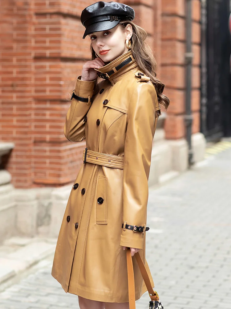 2021 spring Bati and autumn new sheepskin casual fashion windbreaker coat lace up leather coat women's medium length 507w