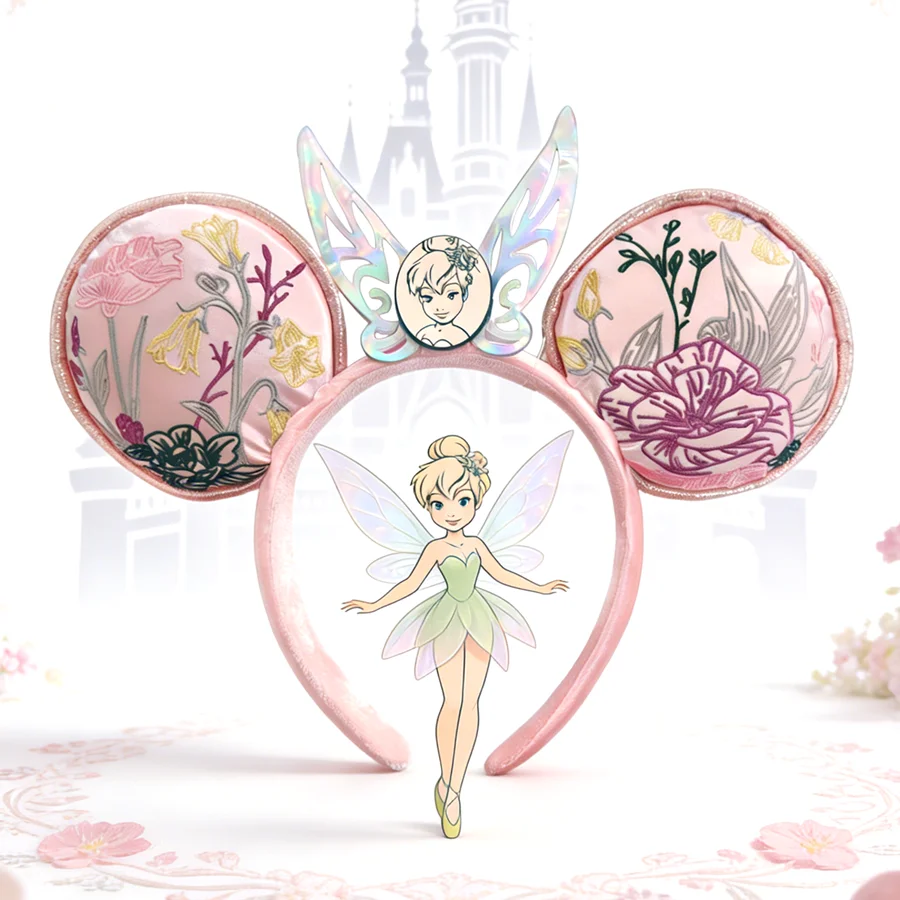 

Новая повязка на голову с ушками Минни Маус от Disney, розовая, с вышивкой, с маленьким колокольчиком, для косплея феи, обруч для волос для девочек, с блестящими пайетками