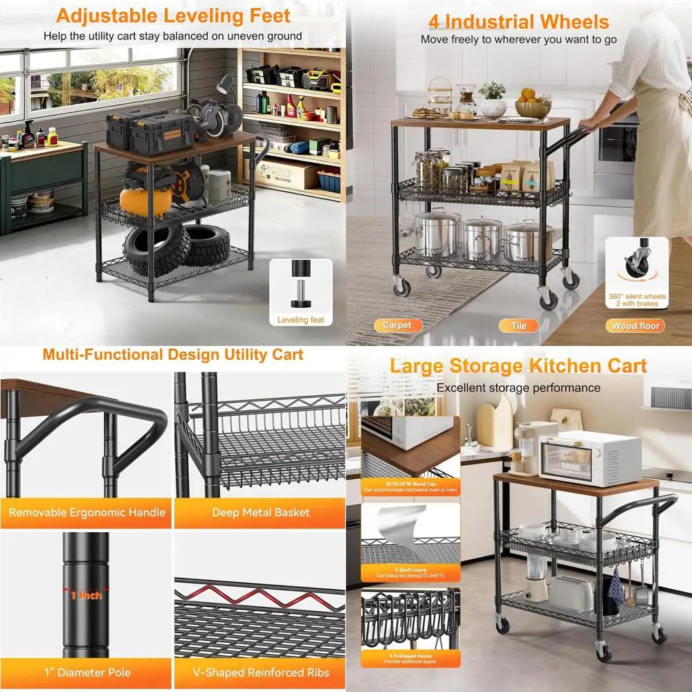 

3-Tier Kitchen Cart with 650 lbs Capacity, Wood Top, 8 Hooks, Metal Utility Cart for Storage and Serving, Black