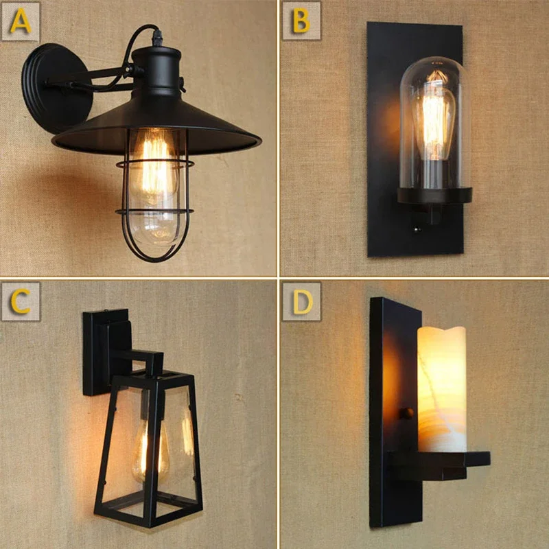 Antique Matte Black Lantern Outdoor Wall Lamp Sconce AC 90-260v Metal Vintage Industrial Loft Edison Bulb Wall Lamp