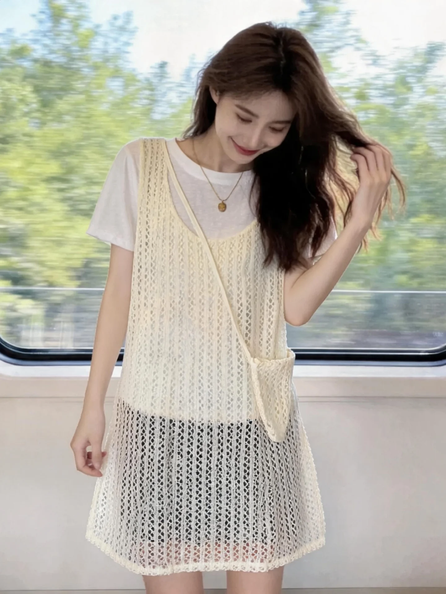 

Women's Summer Hollow out Sleeveless Vest Dress Layering Design plus Size Slimming A-Line Skirt High Waist Polyester Fiber