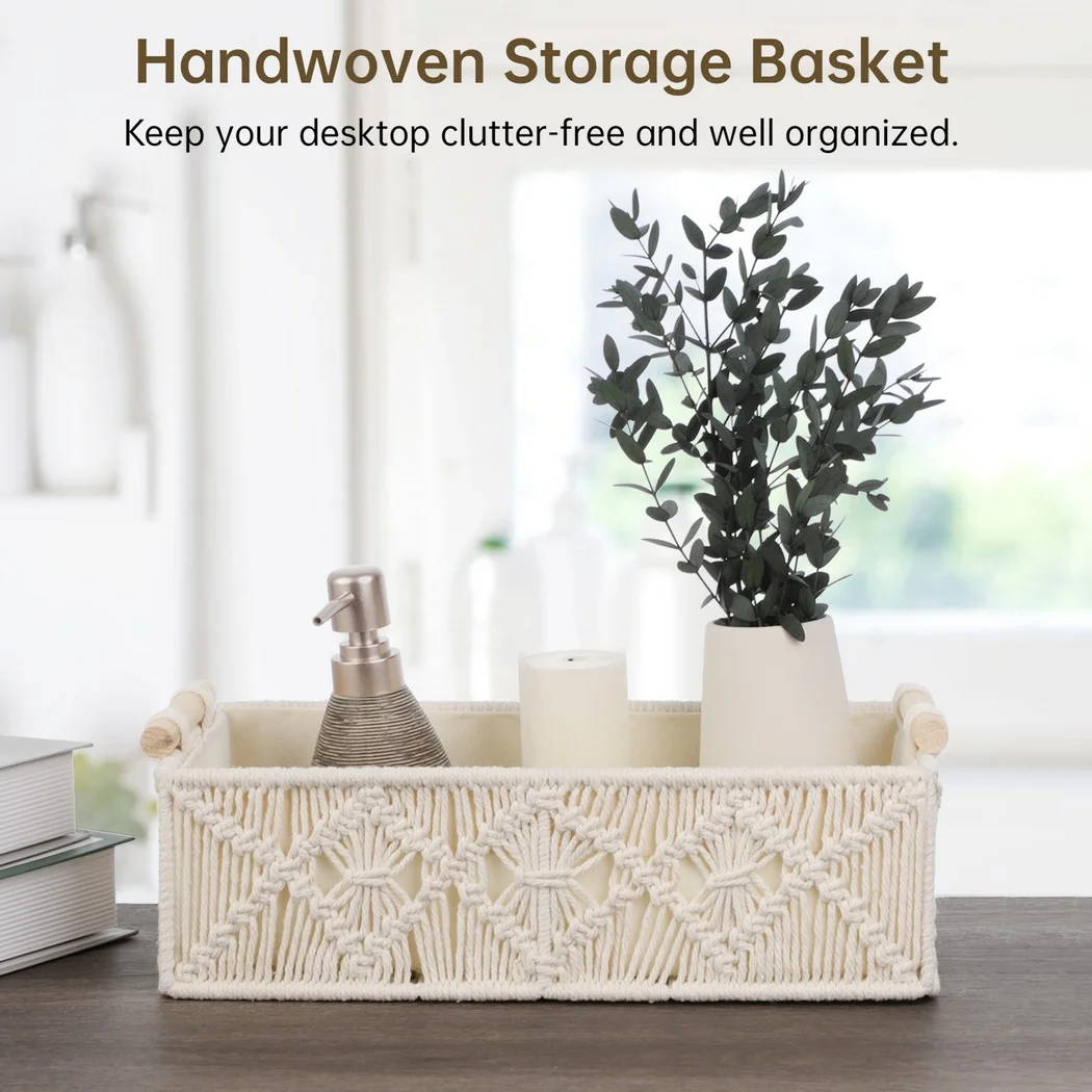 2Pcs Storage Baskets Boho Storage Boxes Macrame Woven Baskets With Wood Handles Boho Decor Shelf Baskets For Bathroom Bedroom