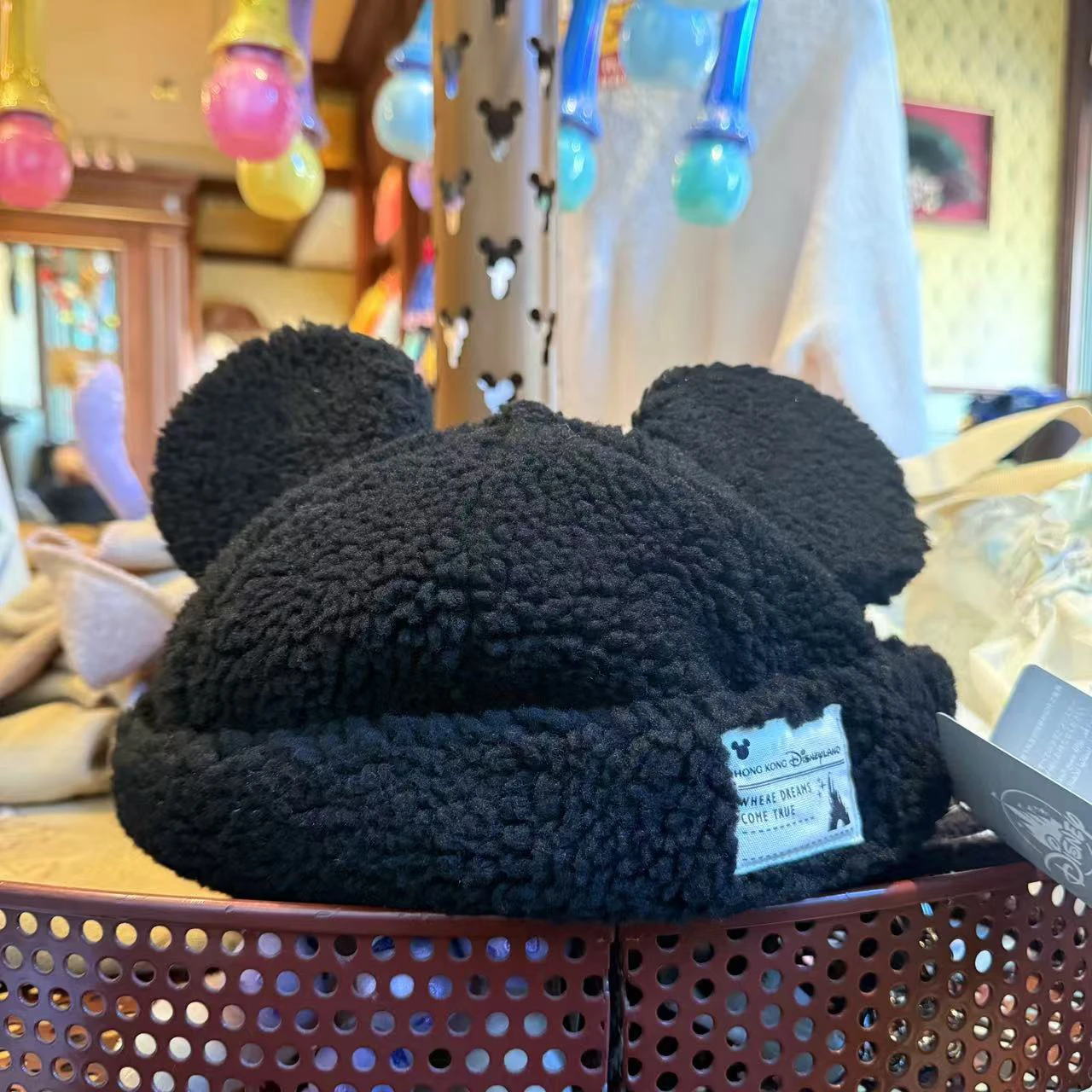 

HK Disneyland 2025 Original Mickey Mouse Ear Flap Hat, Black Sherpa Beanie, Official Limited