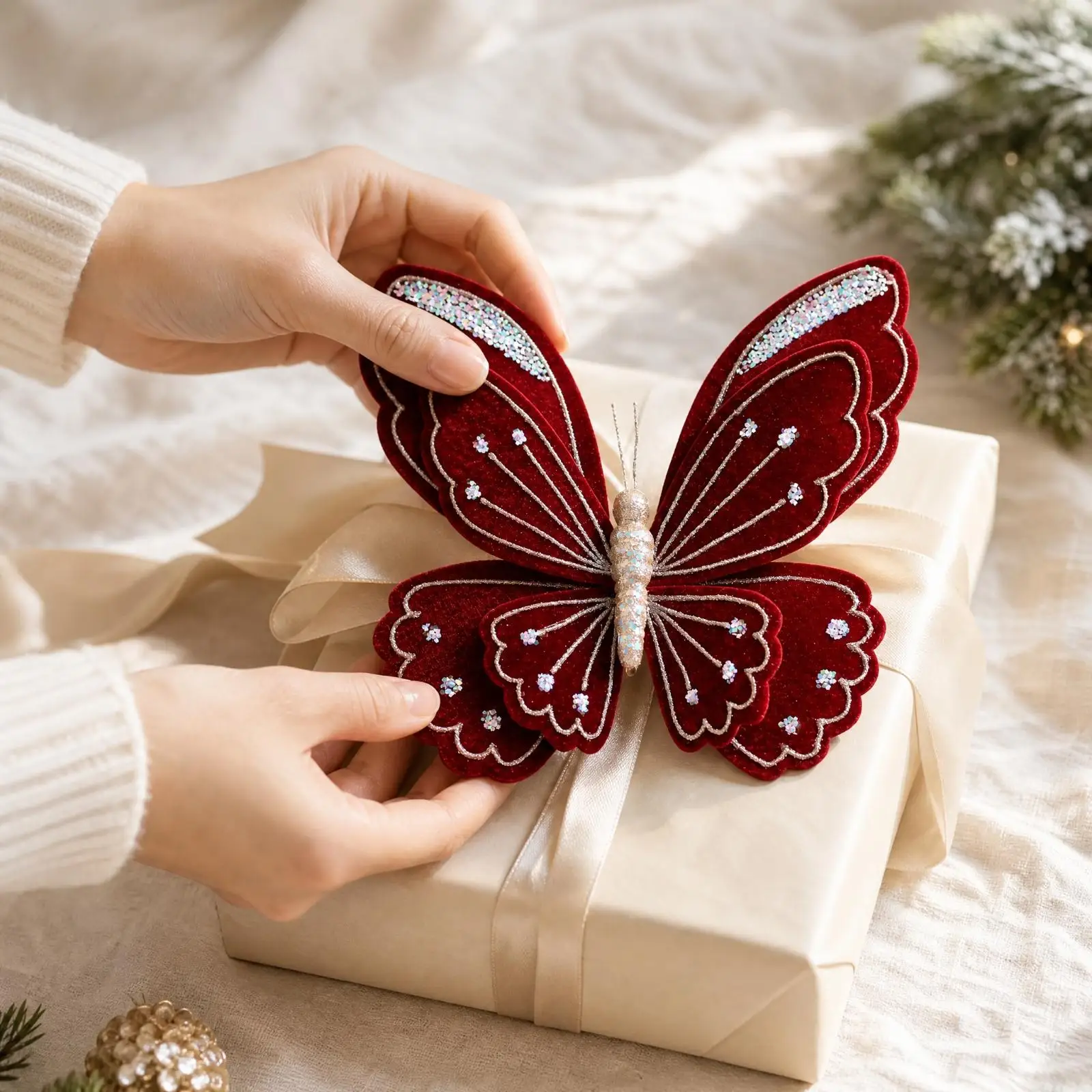 Sequined Textile Butterfly Ornament Festive Butterfly Decoration with Sequin Accents Indoor Outdoor Ornaments for Mantel,