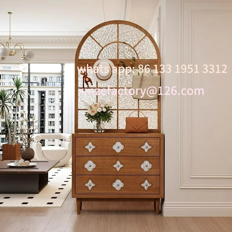 

Customizable medieval solid wood water pattern glass four-leaf clover screen partition cabinet