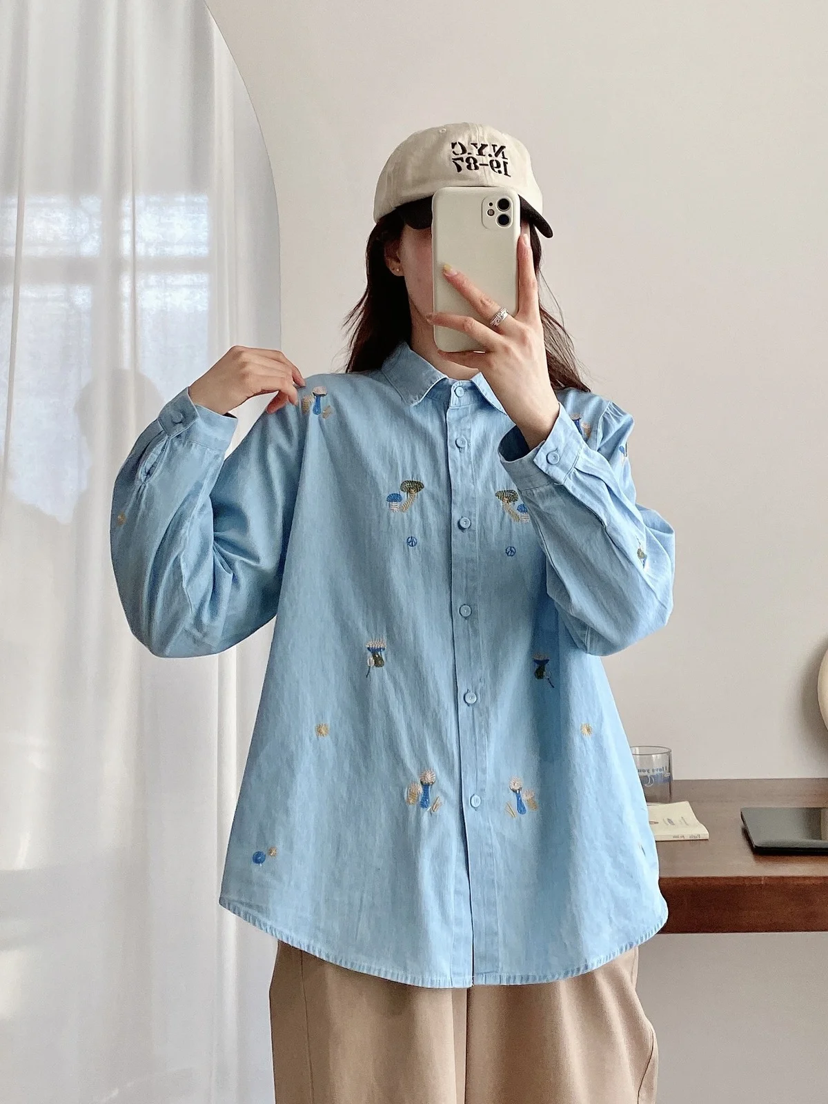 Women Korean Fashion Cartoon Mushroom Embroidered Denim Blouse Office Lady Button Up Jean Shirts Chic Blue Tops