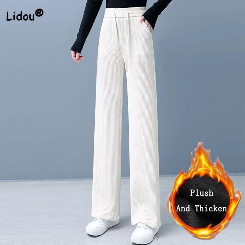 

No Plush/Plush and Thicken High Waist Elastic Pockets Wide Leg Trousers Autumn Winter Fashion Corduroy Bandage Straight Pants