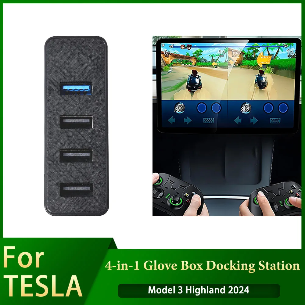 For Tesla 4-in-1 Glove Box Docking Station USB Hub Model 3 Highland 2024 For Dash Cam Game Music Interior Auto Accessories New