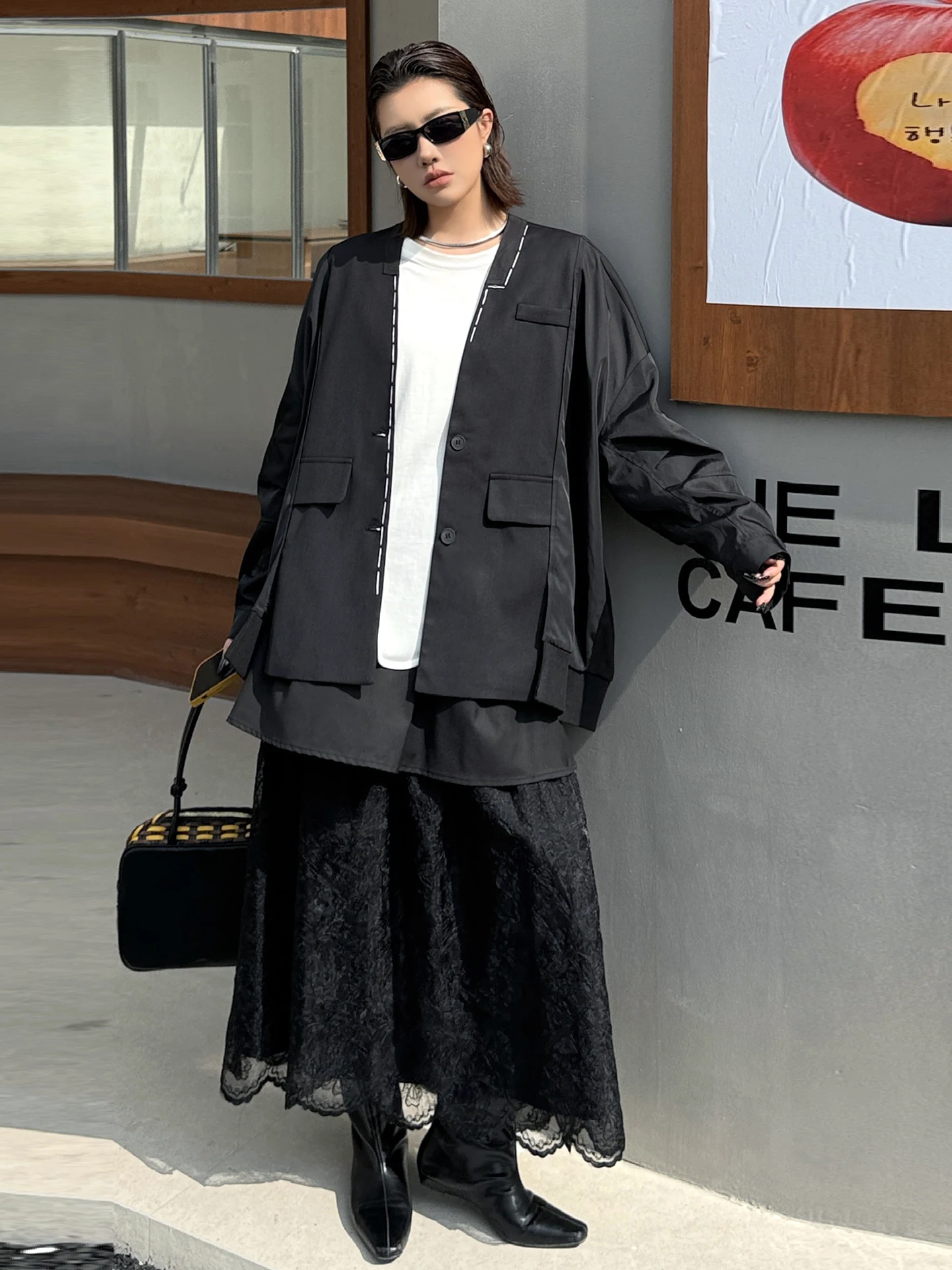 

Spring Autumn Women's Loose Batwing Sve Suit Jaet Casual Workwear Sle Polyester Fiber V-Ne Button Closure Coat