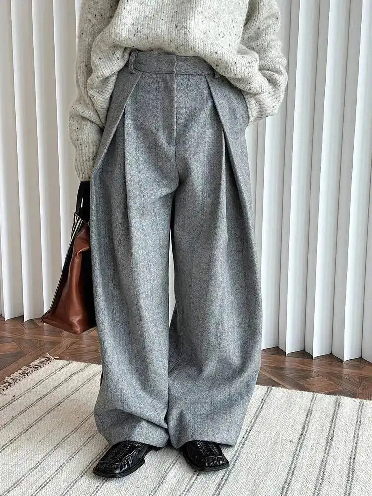 Striped High Waist Brown Pleated Long Thick Wool Wide Leg Pants New Trousers Women Fashion Autumn Winer 2026 1DH97CQ