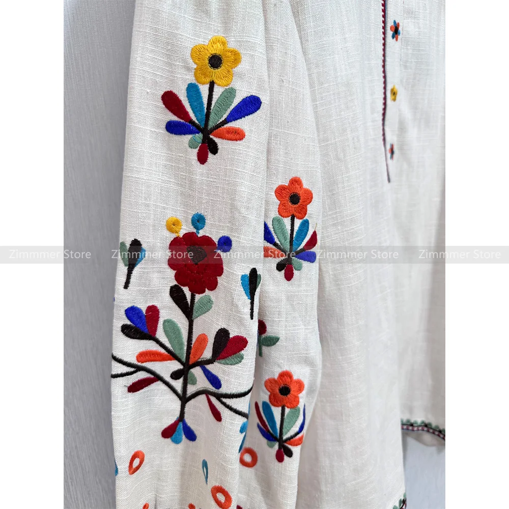 French niche 24 years early autumn new heavy flowers embroidery lapel top loose linen lantern sleeve shirt