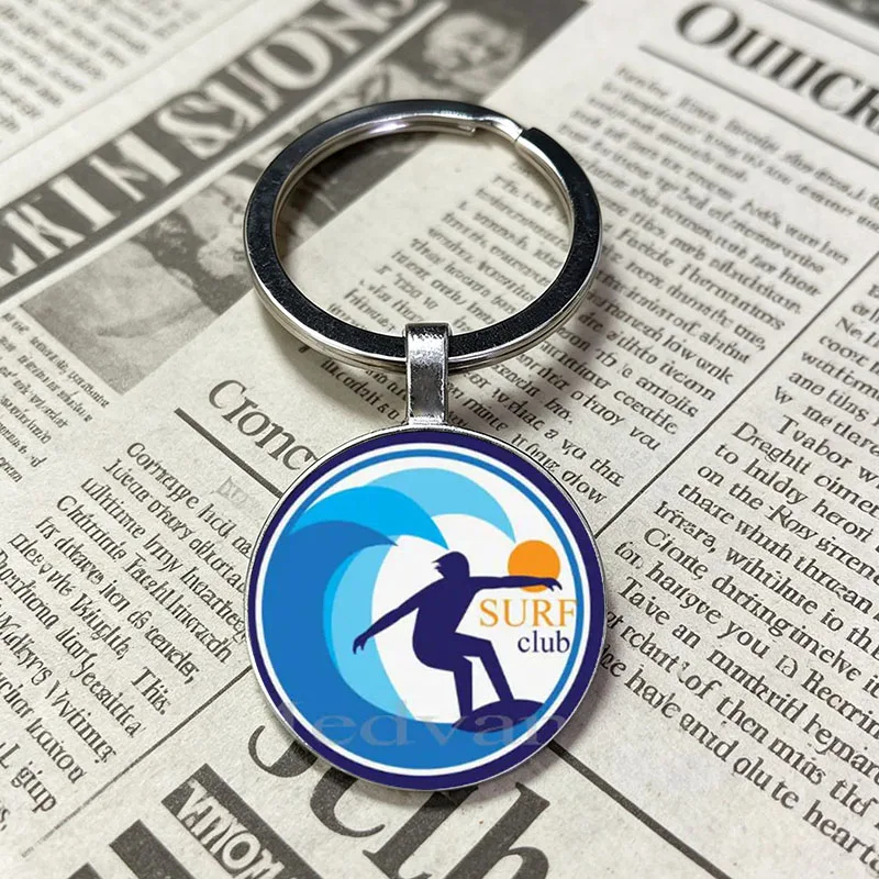 Exquisite Surfing Element Glass Dome Key Chain Unisex Key Ornament Perfect Beach Activity Gift For Surf Lovers