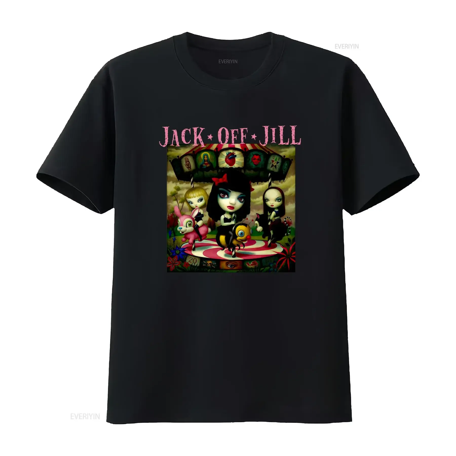 Jack Off Jill T Shirt with Clear Hearts and Grey Flowers Design vintage Washed homme fashion Casual Stretched designer clothes