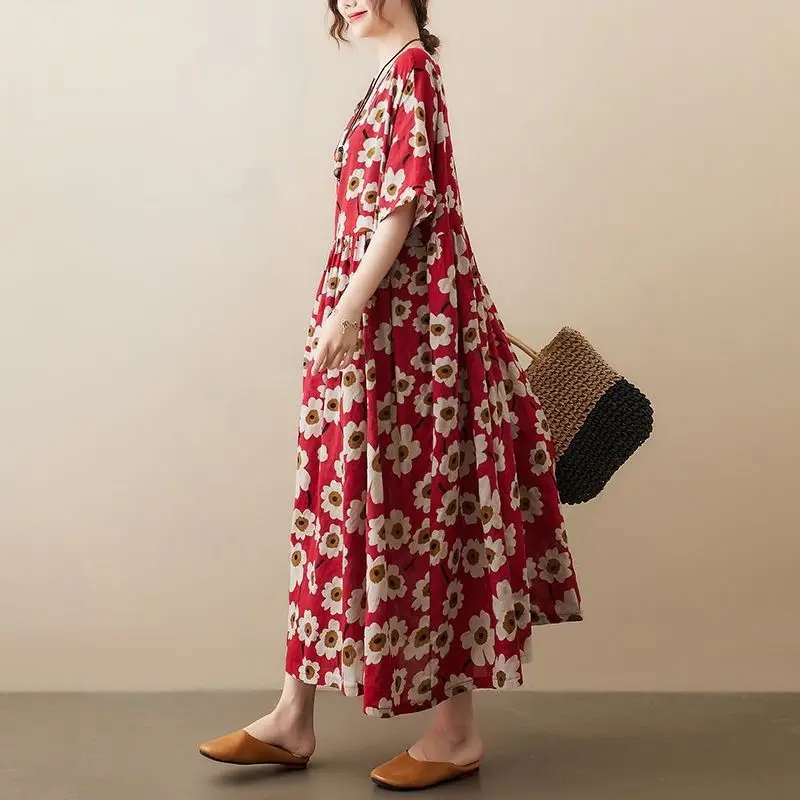 Imagem -06 - Mulheres Impressão Floral Vintage Estilo Étnico Oversized Elegante Vestidos Longos Verão Simples Bolsos Manga Curta Praia Maxi Vestido Robe