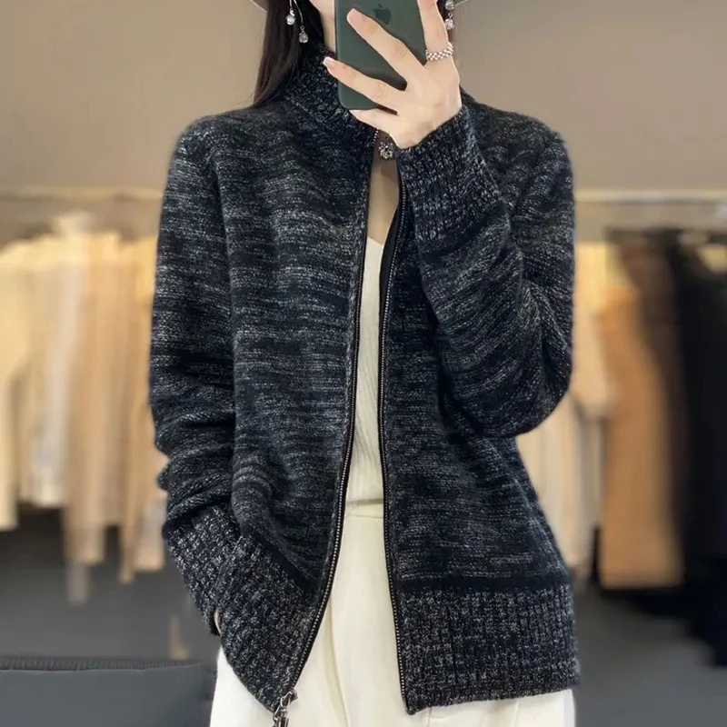 

Fashion Knitted Cardigan Jacket New Autumn Winter Women Zipper Sweater Coat Casual Korean Half Turtleneck Cardigan Sweater