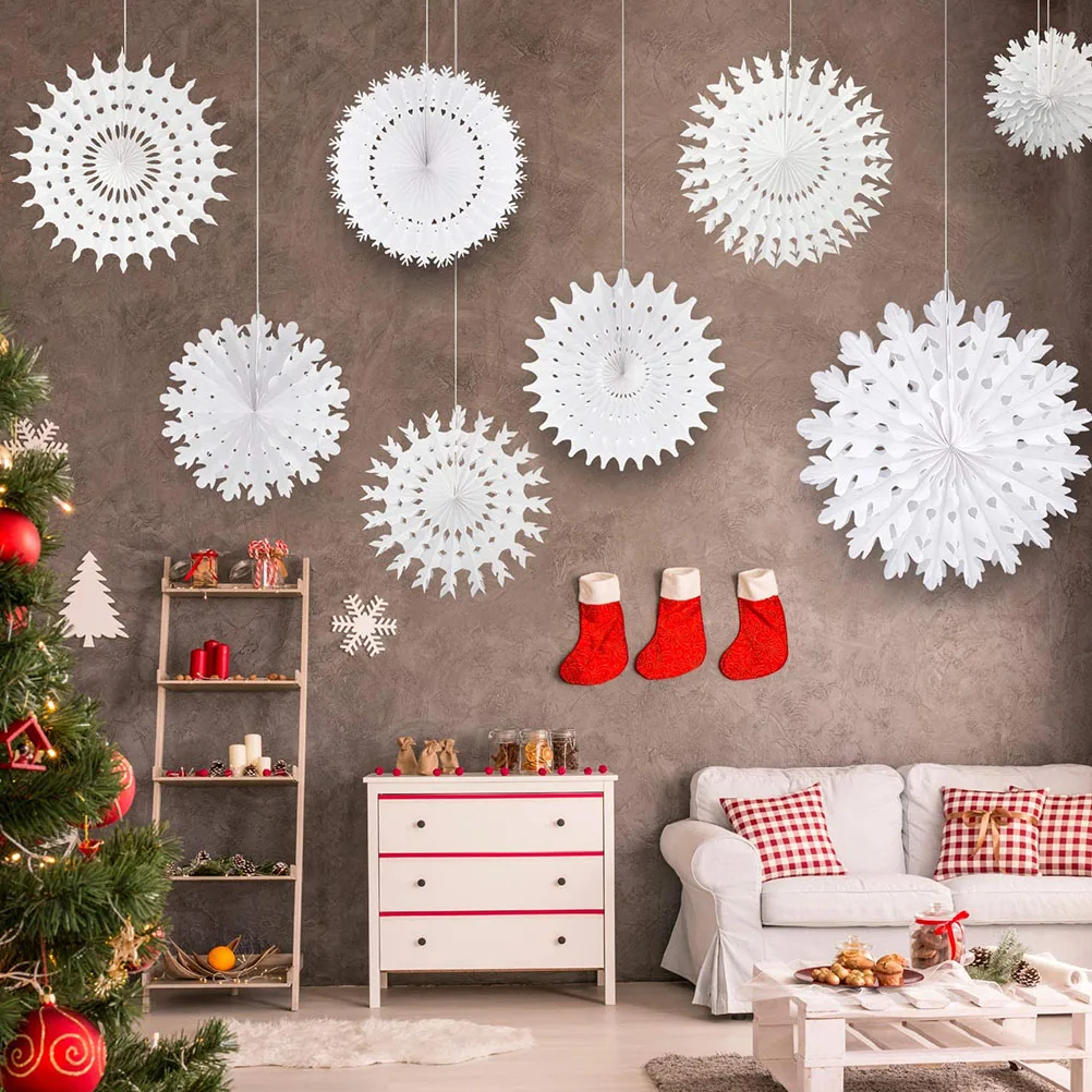 

1 set Snowflake Decoration Set Winter Party Fans Hanging Ornaments Garland Honeycomb Ceiling Wall Decor Holiday Display