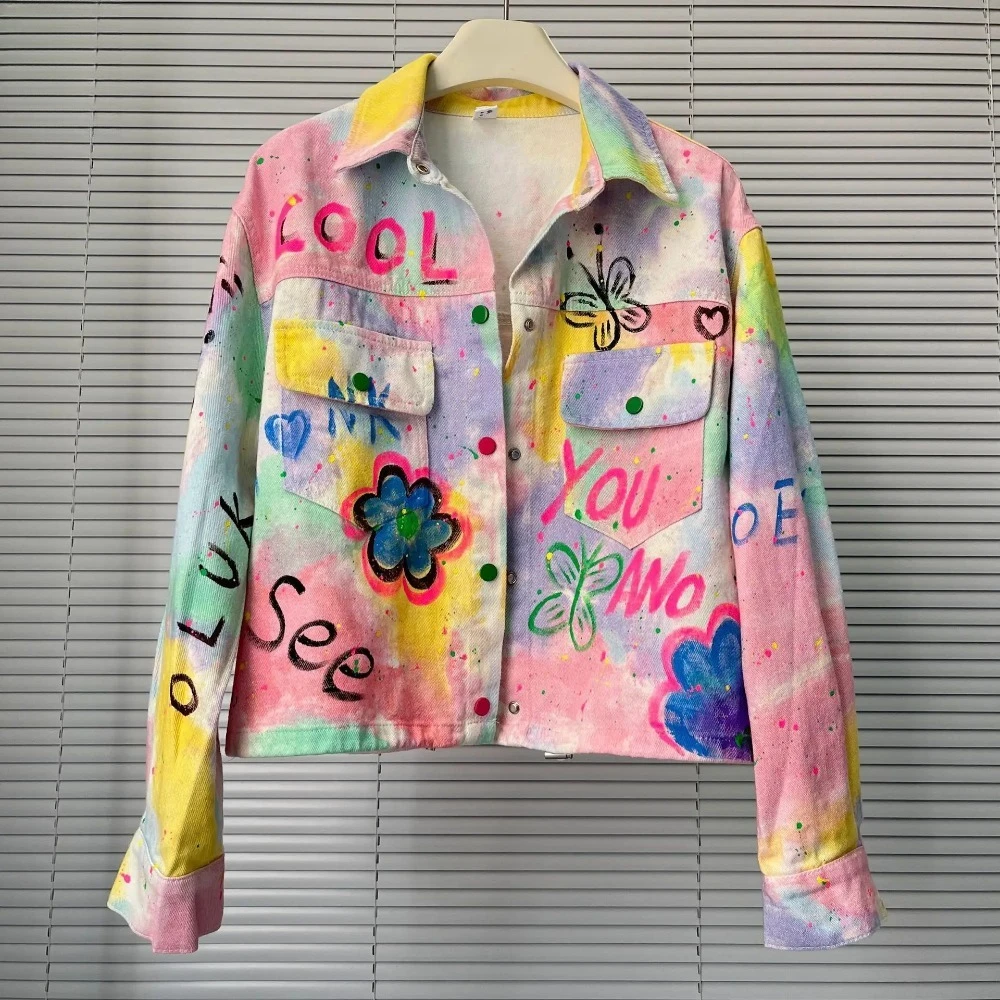 

Осень 2023, новая джинсовая куртка с ручной росписью в стиле граффити, женское высококачественное нишевое свободное универсальное пальто для пар