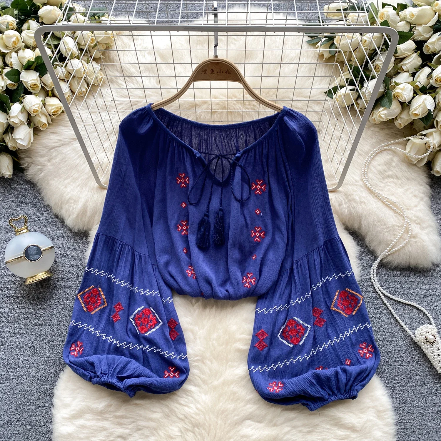 Vintage Elegant Embroidered Chic Bandage Long Puff Sleeve Crop Blouse Fashion O-neck Shirt Casual Basics Top Fairy Autumn Women