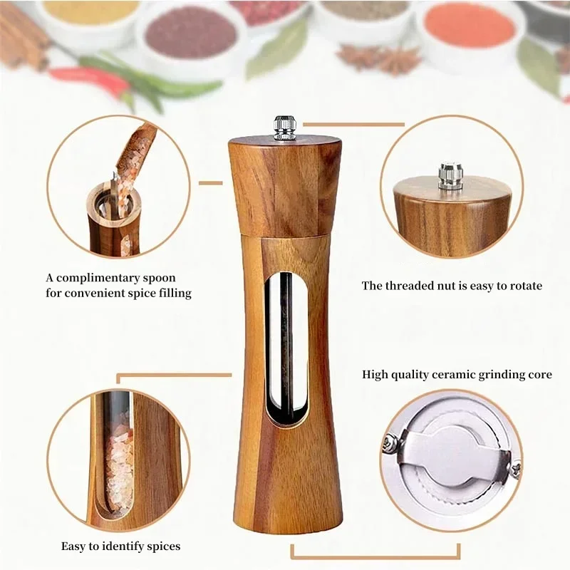 8Inch Pepper Grinder Set Acrylic Wooden Salt and Pepper Set Kitchen Pepper Mill Spice Shaker Adjustable Ceramic Grinder Mills