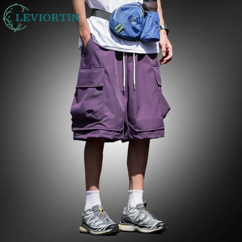 

Japanese Style Men's Cargo Shorts Breathable Loose Fit Workwear Mid-Length Pants Casual Summer Shorts with Multiple Pockets