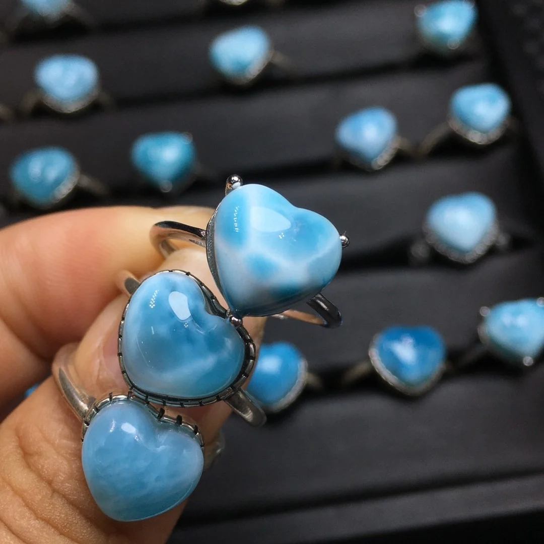 Natural Larimar Gemstone Ring S925 Silver-Inlaid Adjustable Trendy Fashion Jewelry for Wedding Party Gift