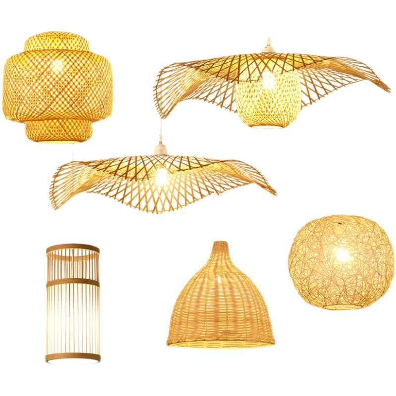 Sudeste Asiático Bambu LED Lustre, Zen Bar Lâmpada Pingente, Lotus Folha Modelagem, Iluminação Sala de Jantar, 90-260V, Chinês