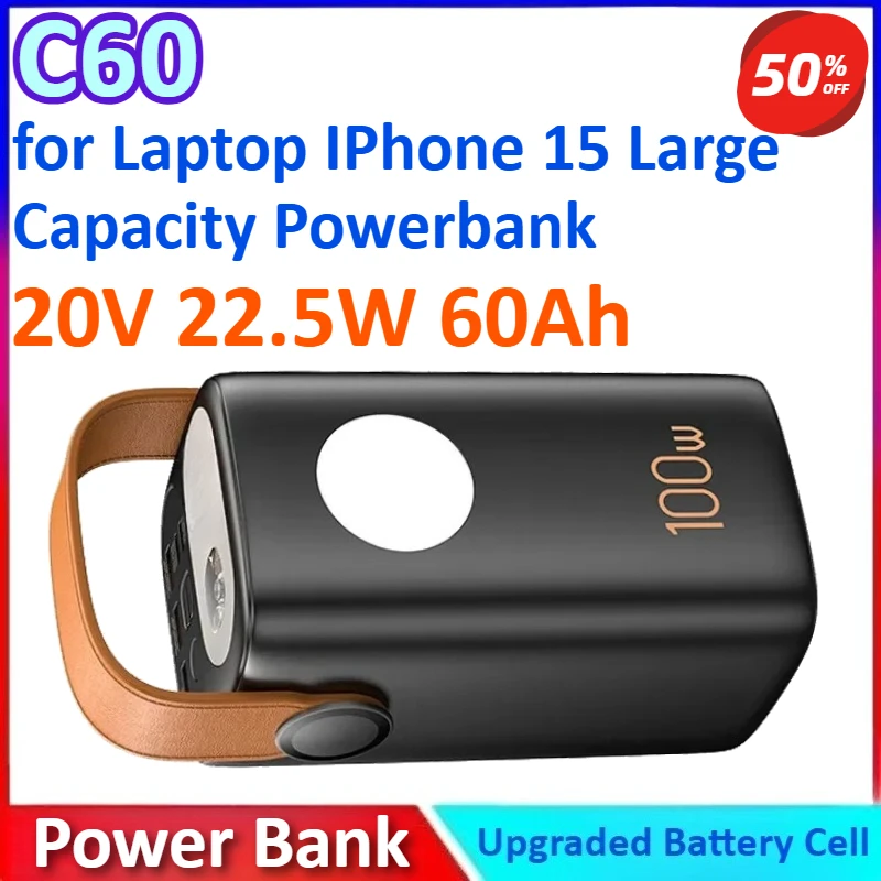 

C60 20V 22.5W 60Ah New Power Bank USB C Portable Charging External Spare Battery for Laptop IPhone 15 Large Capacity Powerbank
