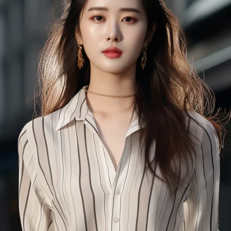 Koszula damska w paski Vintage Bluzka 2025 Moda Wiosna Jesień Damskie topy Casual Odzież damska Luźne eleganckie koszule dla kobiet