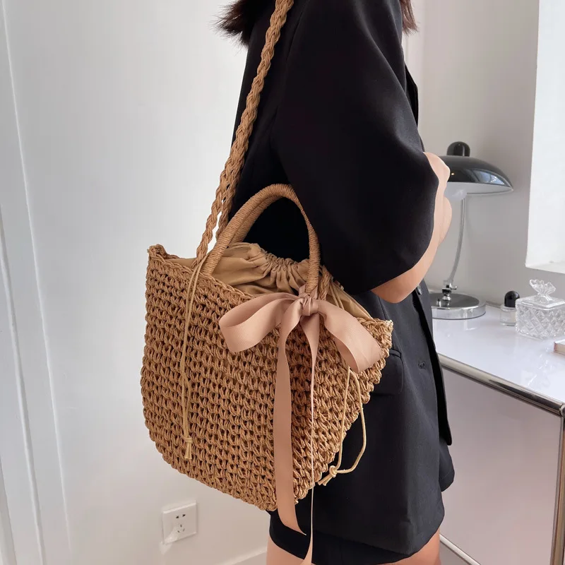 Bow Decors Bucket Shoulder Bags Handmade Straw Hollow out Bag Summer Female Travel Beach Bag Purse Vintage Handbags Bolsa