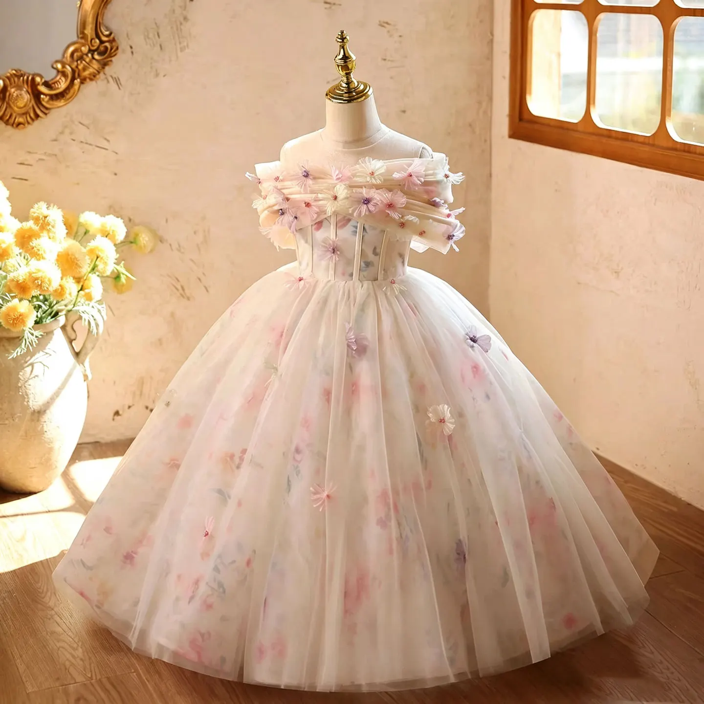 Dreamy Vow D380 Girls Beige Flower Girl Dress, Tulle Floral 3D Flowers Princess Maxi Ball Gown, Elegant Wedding Pageant Holiday
