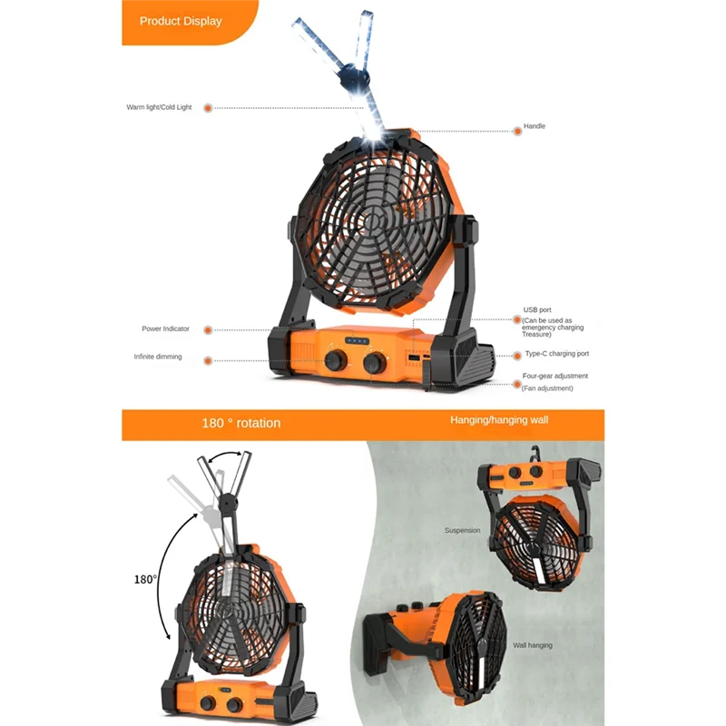 

2Z-Portable Camping Fan With LED Lantern 8000Mah Outdoor Fan Personal Rechargeable Fan For Travel, Hiking, Fishing, Picni Durabl