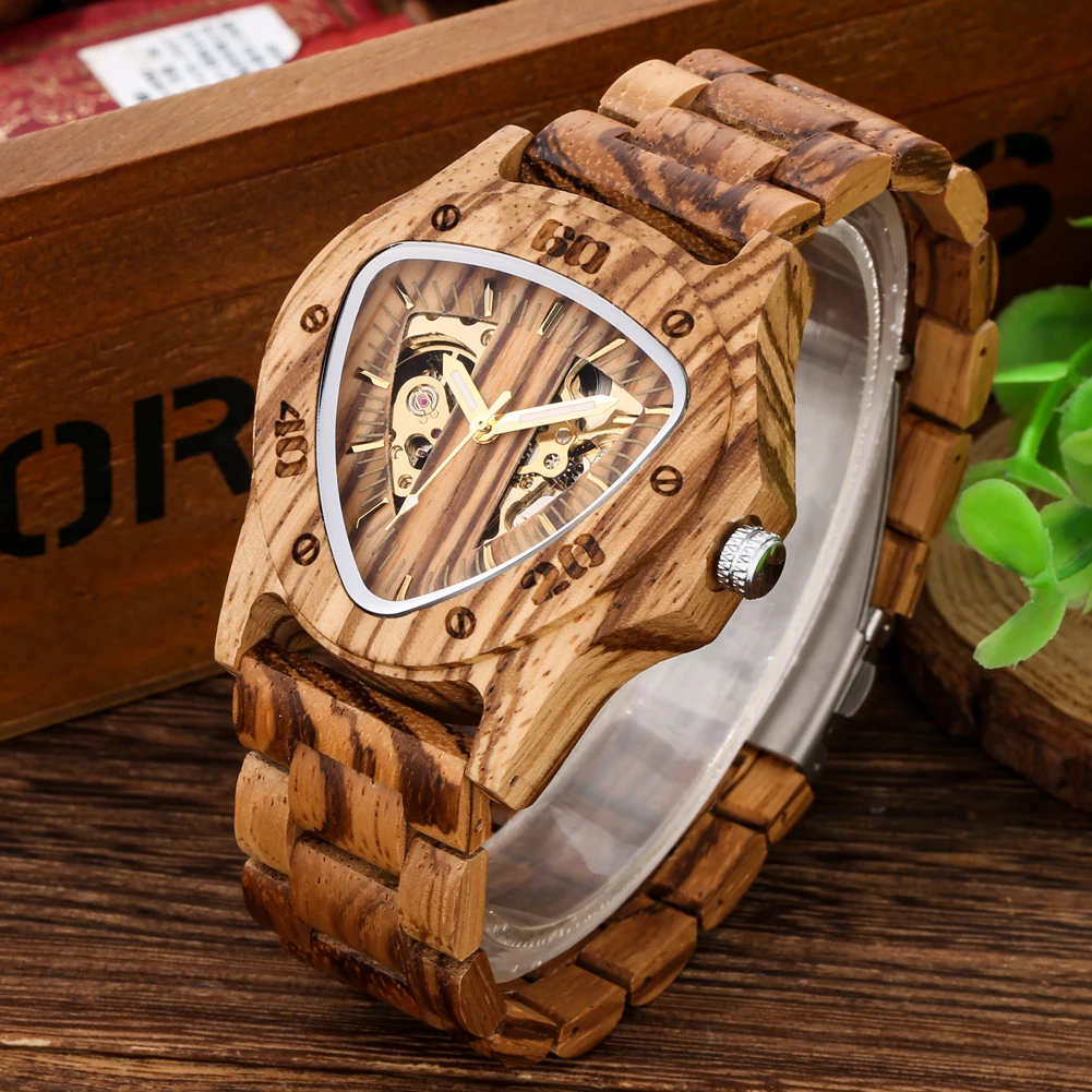 Dreieckiges Skelett-Zifferblatt Zebraholz/Bambus Automatische Armbanduhr mit Holzband Einzigartige Steampunk-Stil Uhr für Herren