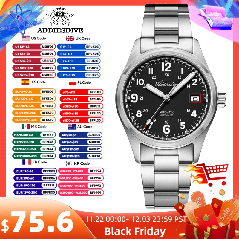 ADDIESDIVE 39mm Automatic Watch New NH35 Luxury Sapphire Glass AR Coating 200m Diving 316L Stainless Steel Mechanical Watch Man