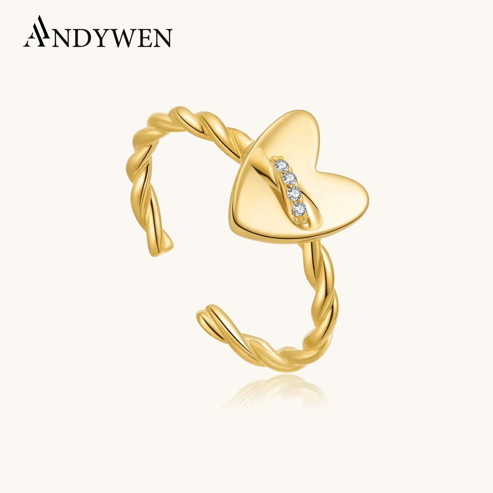 

ANDYWEN New 925 Sterling Silver Adjustable Open Twisted Heart Ring Zirconia 2025 Sweet Daily Casual Women Jewelry Gift