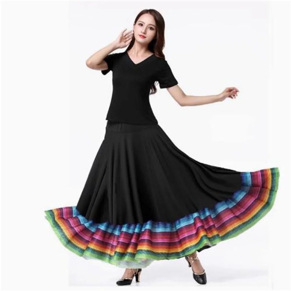 Womens Spanish Flamenco Swing Skirt rainbow Ballroom Dance Long Skirts High Waist Elastic Waistband Ruffle Performance Costume