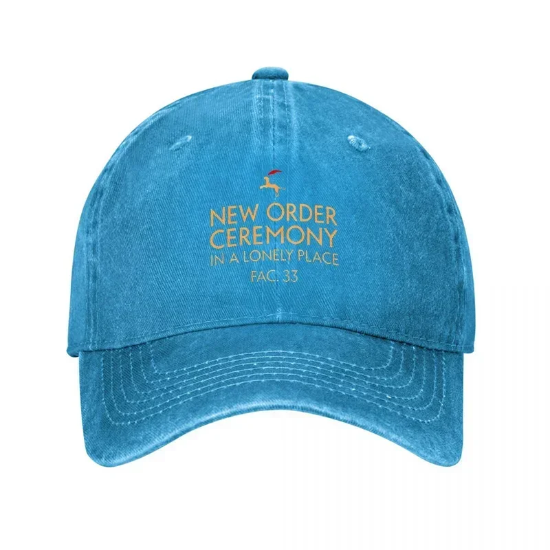 New NEW ORDER CEREMONY IN A LONELY PLACE WASHED DENIM BASEBALL CAP CANVAS HAT WITH GOLD PRINTED TEXT AND LOGO DESIGN