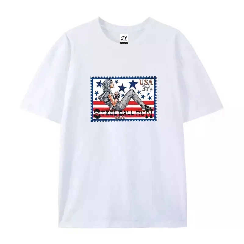 Johnny Joestar JJBA Steel Ball Run USA Stamp Graphic T-shirt, Unisex Cotton Short Sleeve Casual Anime Tee
