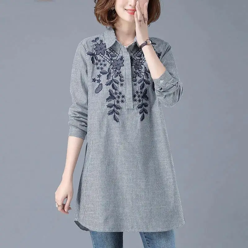 Long Striped Printing Casual Button Straight Turn-down Collar Pullovers Comfortable Women's Clothing Loose Spring Summer Elegant