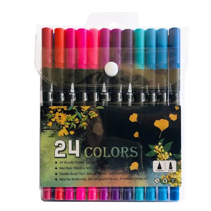 Water-based marker pens, a set of 24-color colored pens,  art drawing pens with double heads (flexible tips), watercolor pens