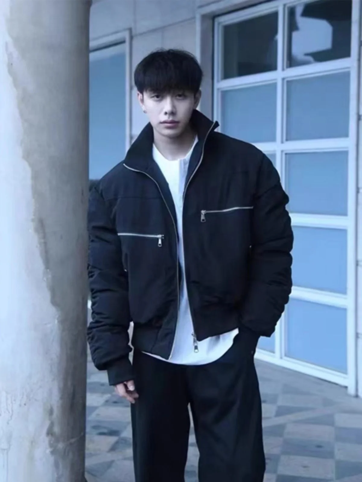 

American Retro Bomber Jacket Cotton Coat Men's Short Sleeve Stand Collar Winter Casual Fashion Polyester Fiber Fill Jacket