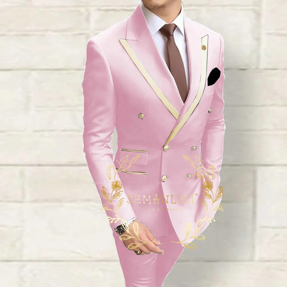 Double Breasted Men\'s Suits Navy Blue Peaked Lapel Slim Fit Wedding Groomsmen 2 Piece Sets Jacket Pants Costume Homme