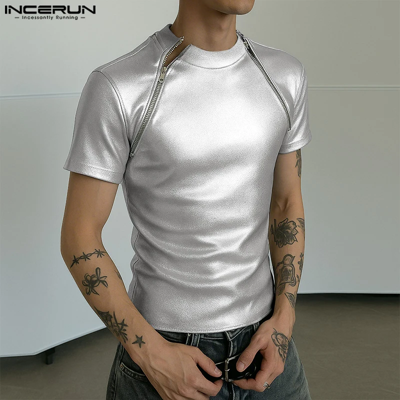 INCERUN Männer T Shirt Shiny Kurzarm Zipper Casual Männlichen T Tops Sommer Streetwear 2025, Funkelnden Mode Lässig Männer Kleidung