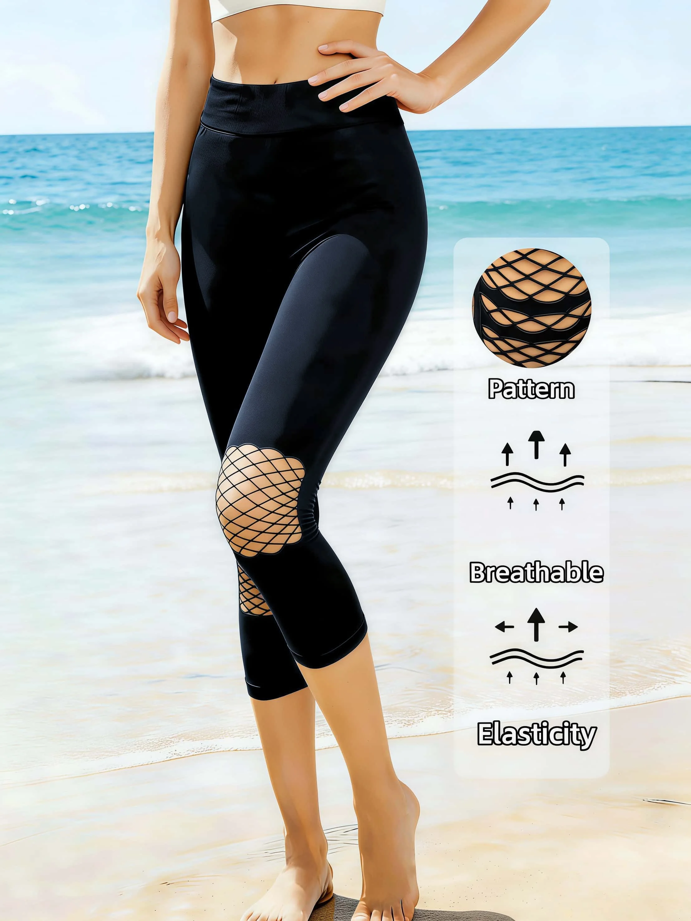 Women's High Waist Knee Cutout Mesh Capri Leggings Breathable Stretchy Sexy Workout Pants for Gym Yoga Daily Wear Shopping